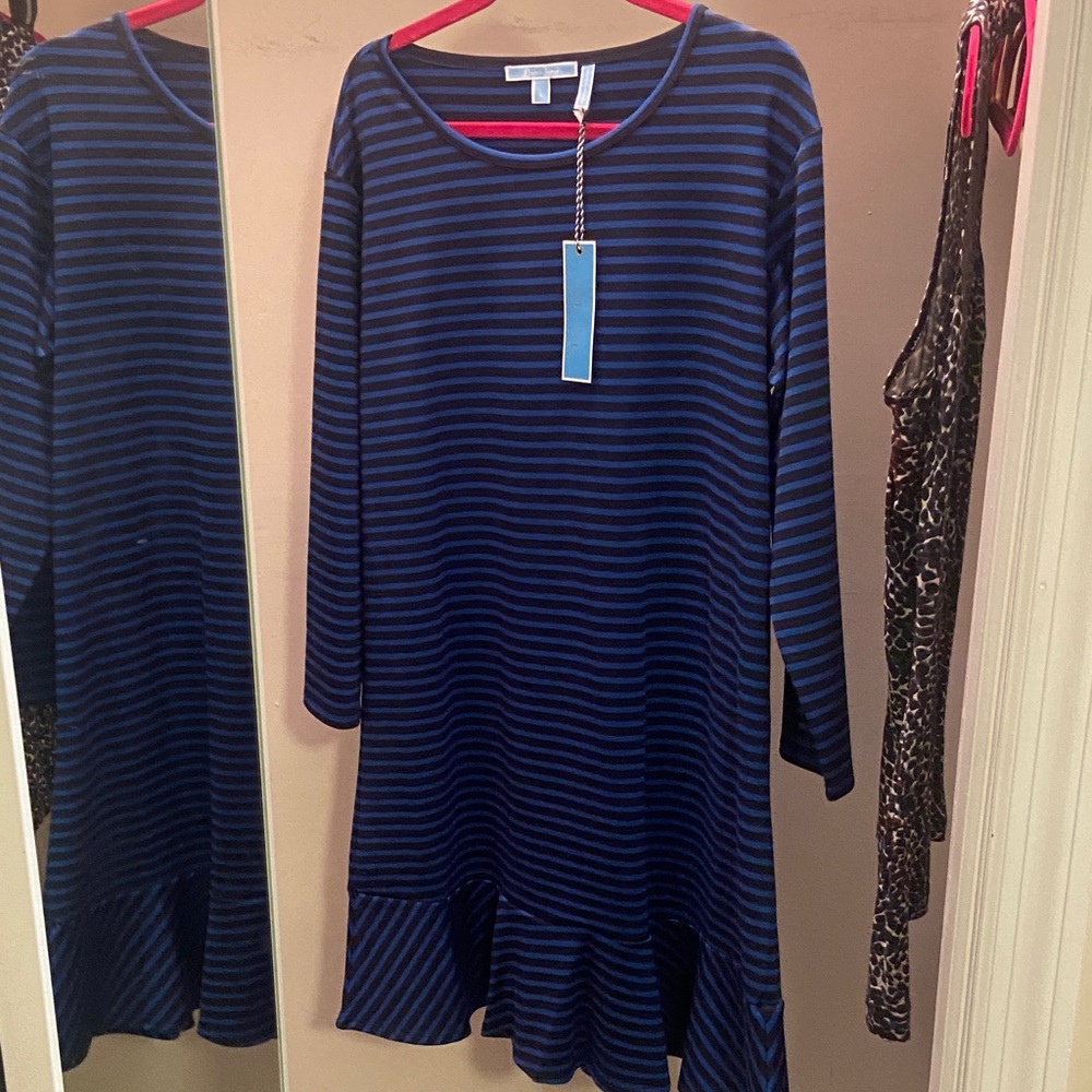 Draper James Navy and Black Striped Long Sleeve Ruffle-Hem Dress